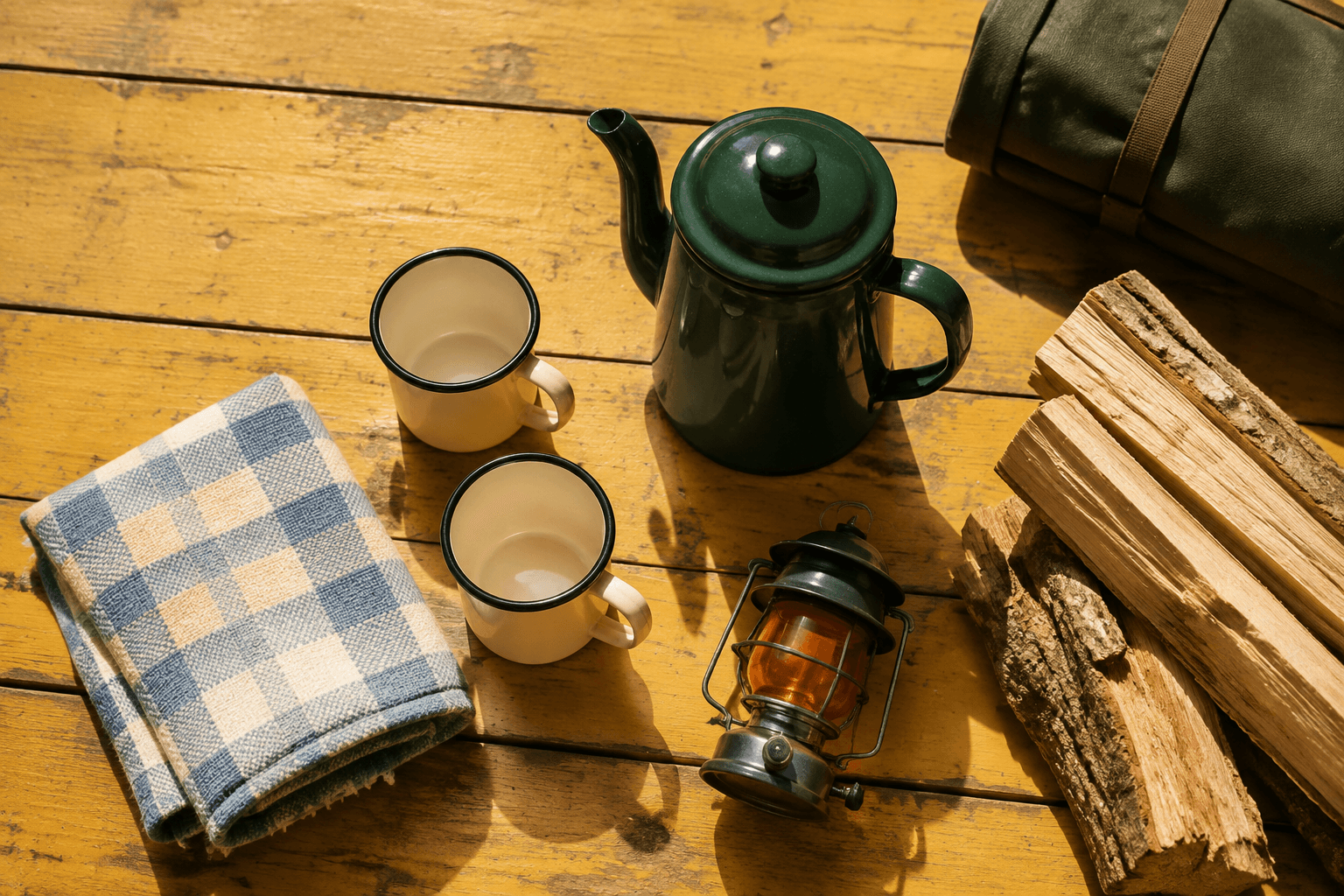 An enamel coffee pot, mugs and a lantern ready for a weekend away